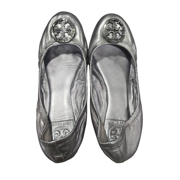 Tory Burch Silver Flats with Jeweled Logo - Picture 1 of 7